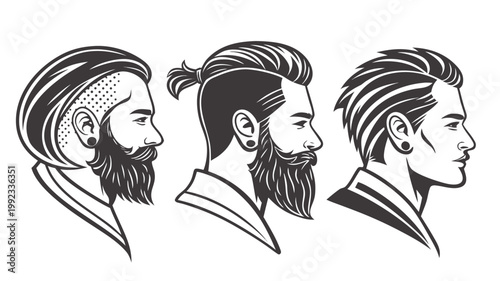 Vector illustration of three diverse male head profiles with modern trendy hairstyles and well-groomed beards