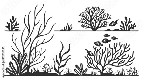 Vector illustration of an underwater marine life silhouette with diverse coral reefs and schooling fish