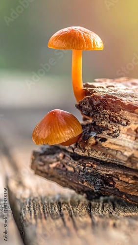 Two Small Orange Mushrooms Growing On Old Wood Bark In A Forest Macro Nature Photography With Warm Golden Hour Lighting And Soft Blurred Background