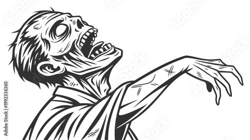 Vector illustration of a terrifying zombie silhouette screaming with mouth open and reaching forward, reaching