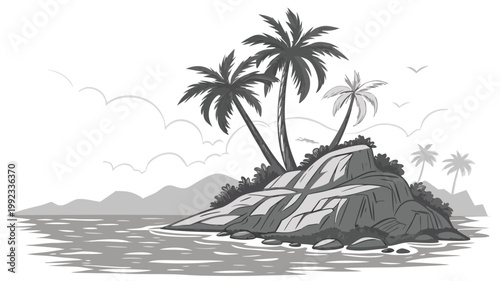 Vector illustration of a tropical desert island silhouette with palm trees on rocky shore in the sea, tropical