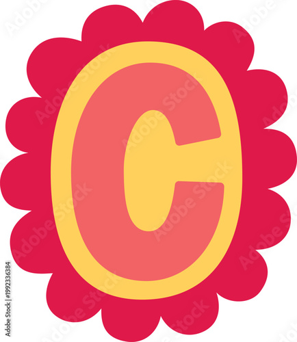 Uppercase C letter of English alphabet, vector bright festive pink typeface in wavy arc-shaped frame, kids happy font