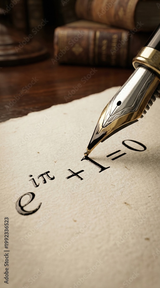 Fototapeta premium Fountain pen writing Euler identity on parchment paper. Classical scientific discovery and mathematical elegance. Nostalgic academic atmosphere. Use for educational or philosophical articles.
