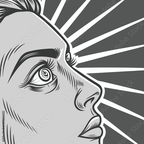 Vector illustration of a woman looking upwards with hopeful eyes against a radiating sunburst background