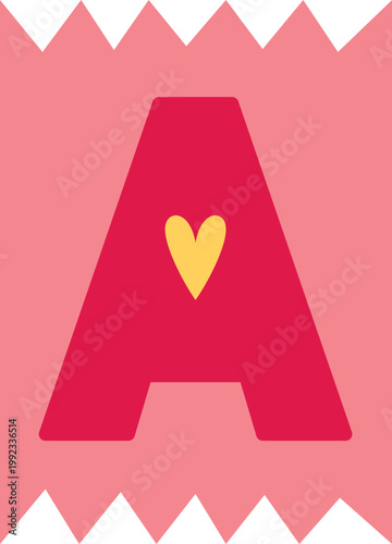 Uppercase A letter of English alphabet, vector kids happy font red typeface in pink zigzag shape frame with heart inside