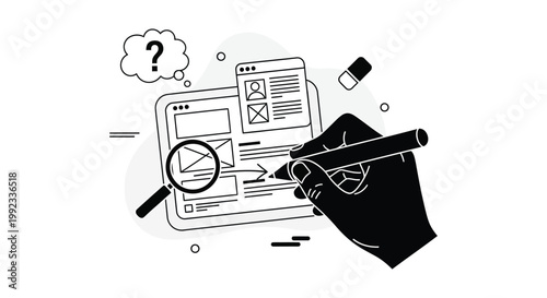 A hand holding a stylus over a digital tablet displaying a website design questioning the process silhouette high quality professional