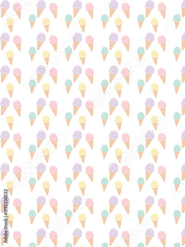 Seamless pattern with pastel ice cream cones in a dense repeating layout . Minimal cute dessert design ideal for fabric, packaging, and summer themed prints.