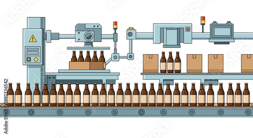 A detailed industrial conveyor belt system efficiently processes brown glass bottles through filling and packaging stages within a clean modern factory setting.