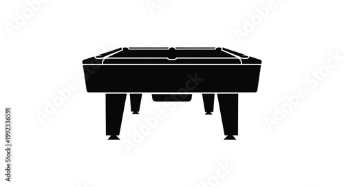 A stark black silhouette of a rectangular pool table with six legs and visible corner pockets silhouette high quality