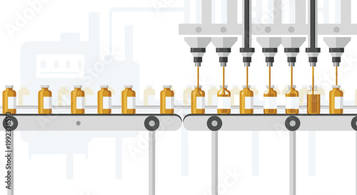 Multiple automated nozzles simultaneously fill small amber glass vials with liquid medicine on a high tech pharmaceutical production line in a sterile lab.