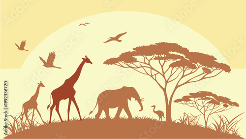 Vector illustration of wild safari animals in an african landscape with wildlife savannah silhouette