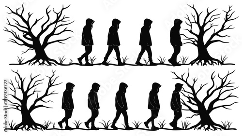 Vector illustration of silhouettes of people in hoods walking by barren trees with silhouette, dramatic