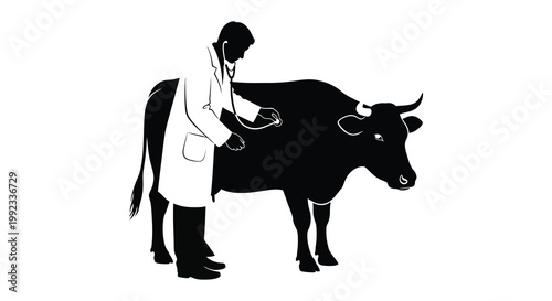 A veterinarian examines a large cow with a stethoscope presented in a striking black silhouette high quality professional detailed modern elegant