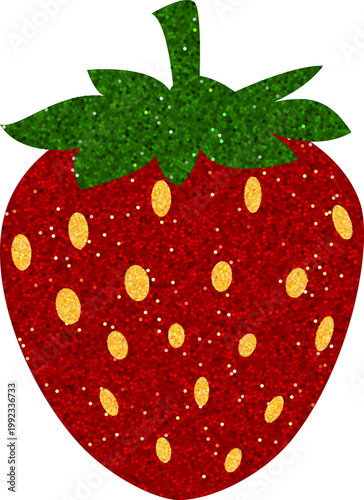 Strawberry with leaves glitter texture, vector farm organic natural red berry, juicy sweet fruit shiny shimmer sticker