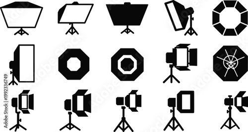 Professional photography studio lighting equipment silhouette collection, featuring softbox, octabox, spotlight, and video production flash lamcinematographers, photographers, and creative designers.