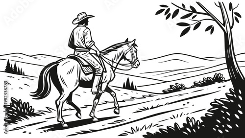 Vector illustration of a cowboy riding a horse through a landscape with equestrian landscape outdoors