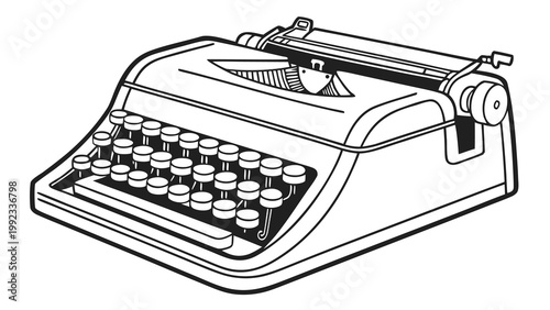 Vector illustration of a classic vintage typewriter with round keys in a black and white line art style