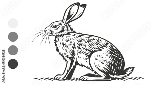 Vector illustration of a detailed black and white sketch of a wild rabbit or hare sitting on grass
