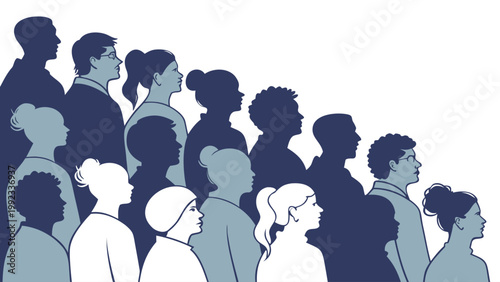 Vector illustration of diverse people silhouettes in profile looking towards a bright future with silhouette