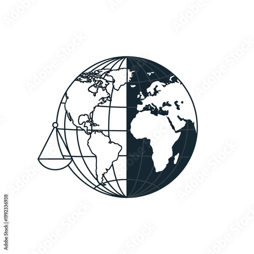 Illustration of globe with scales symbolizing global justice and balance.