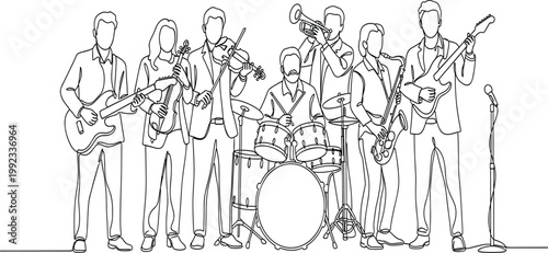 Music Band Performance Continuous Line Drawing with Guitar Violin Trumpet Saxophone Drums and Live Concert Musicians