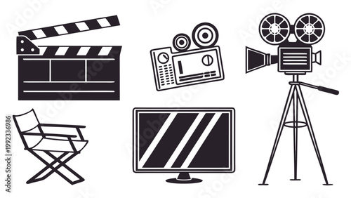 Vector illustration of filmmaking equipment icons including camera tripod clapperboard and directors chair