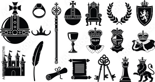 Royal Medieval Kingdom Vector Silhouette Set Featuring Crown, Castle, Knight Helmet, Scepter, Throne, Shield, Lion Crest, Laurel Wreath, Scroll, and Ancient Treasury Icons