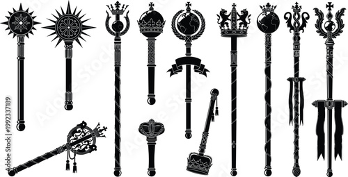 Royal Scepter and Maces Silhouette Set, Medieval Monarch Authority Symbols, Imperial Sovereign Staff, Kingdom Crown Regalia, Ornate Ceremonial Weaponry, Historical Royalty Vector Illustration Elements
