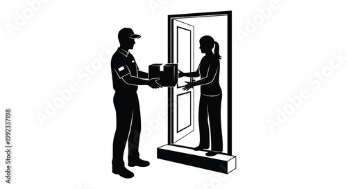 A delivery person hands a package to a woman at an open doorway depicted in a striking black silhouette high quality