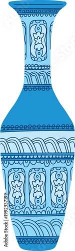 Elegant traditional Asian vase with floral ornaments, vector blue porcelain or clay tableware, vintage oriental pottery