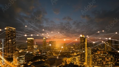 Cityscape at dusk under a cloudy sky, overlaid with a connected web of bright nodes