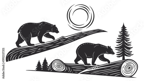 Vector illustration of two grizzly bears walking through a coniferous forest with wildlife, wilderness