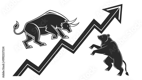 Vector illustration of a bullish market bull and a bearish market bear with an upward trend arrow, investment