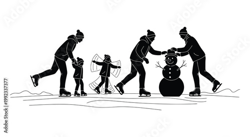 A family enjoys winter activities like ice skating and building a snowman captured in a striking silhouette high quality professional detailed