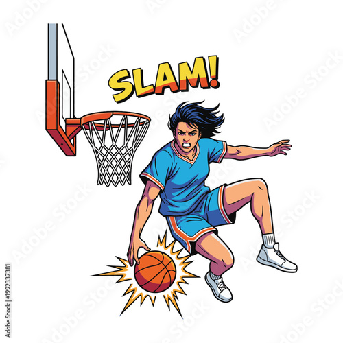 Female basketball player jumping high for a slam dunk into a hoop with energy vector illustration.