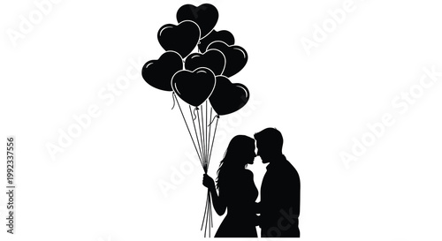 A romantic couple stands closely together holding a bunch of heart shaped balloons depicted as a striking silhouette high quality professional detailed