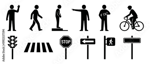 Pedestrian Traffic Icons Set, People Walking and Road Signs Symbols for Urban Navigation and Wayfinding Design, Vector Graphic Elements Isolated on White Background for Street Safety and Signage Syste