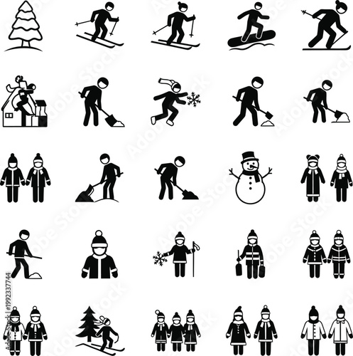 Winter sports, snow activities, icons set, 25 black silhouette graphics