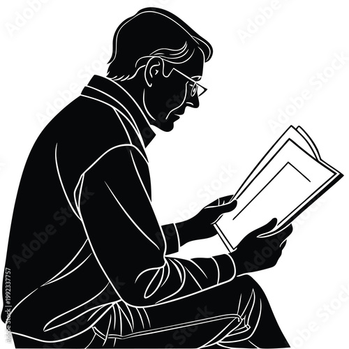 Vector illustration of a man with glasses reading a document or book, deep in thought and focus, document