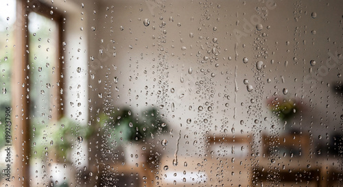 Raindrops streaking down a clear window pane, providing a blurred view of a warm and inviting indoor space, evoking a sense of calm and peaceful reflection on a rainy day