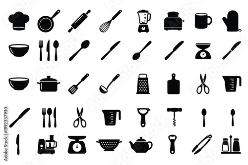 A vector icon sheet featuring 40 different solid black silhouettes of kitchen utensils and cooking items .eps
