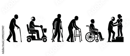 Elderly People Disability Icons Set, Seniors with Mobility Aids, Nursing Care and Assistive Equipment Silhouette Collection, Healthcare Infographic Elements for Assisted Living and Patient Rehabilitat