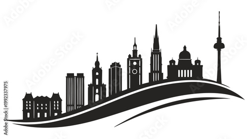 Vector illustration of a famous city skyline silhouette featuring a television tower and historic landmarks