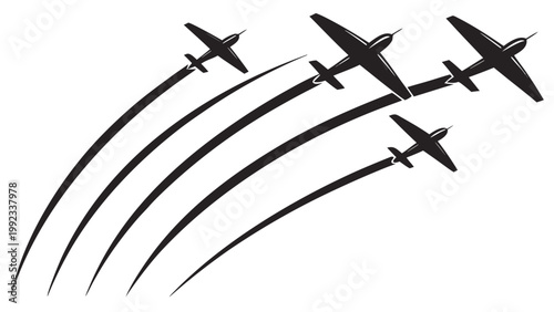 Vector illustration of four airplanes flying in formation with curved vapor trails against a plain background