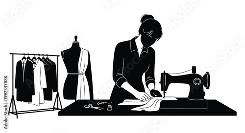 A fashion designer intently works at a sewing machine with garments and a dress form nearby silhouette high quality professional detailed