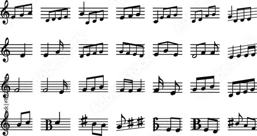 Set of music notes silhouettes with treble clef and staff symbols for song composition musical notation icons for classical concerts and education