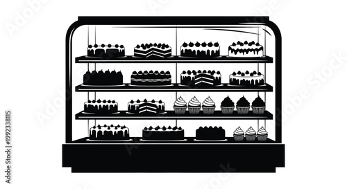 A black and white display case filled with various cakes and cupcakes presented as a striking silhouette high quality professional detailed modern elegant