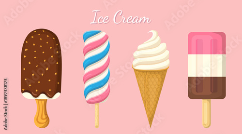 Set of vanilla, chocolate, strawberry ice cream on a stick and waffle cone. Flat collection of classic frozen dessert. Vector illustration