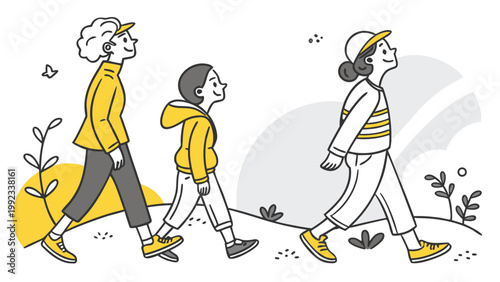 Vector illustration of three generations of women walking together in a park setting with generations
