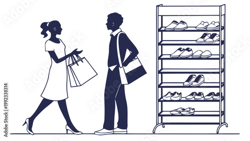 Vector illustration of a couple shopping for shoes in a retail store, with a shoe rack display, image represen